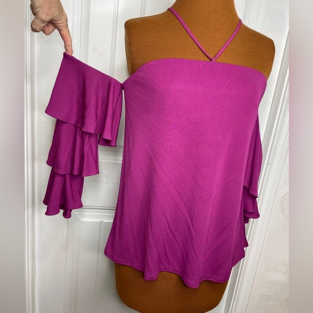 White House Black Market Fuchsia Off-Shoulder Ruffle Sleeve Top